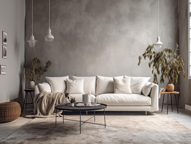 A living room with a white couch and a black coffee table.