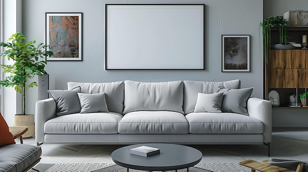 a living room with a white couch and a blank frame on the wall