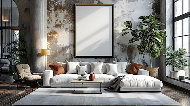 a living room with a white couch and a blank white frame on the wall