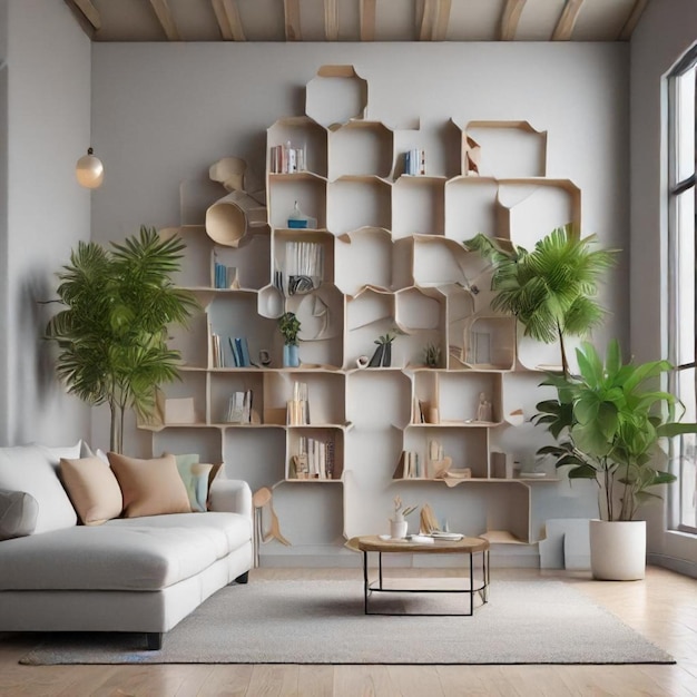 Photo a living room with a white couch and a book shelf with a plant on it