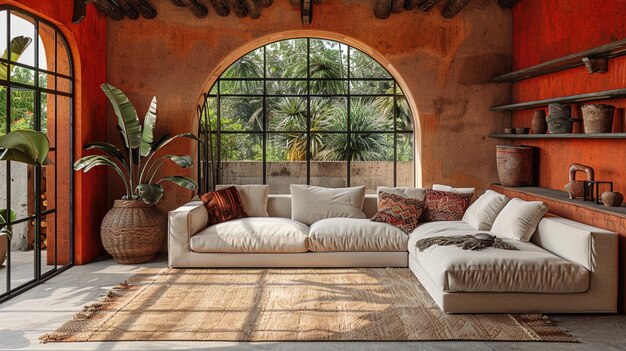 A living room with a white couch and a brown rug