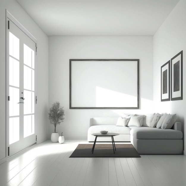 A living room with a white couch and a coffee table in the corner.