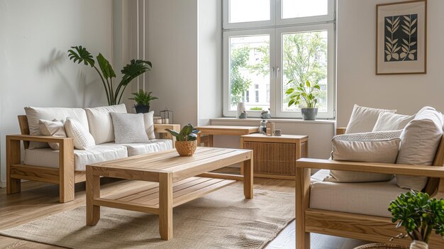 A living room with a white couch a coffee table and a few potted plants