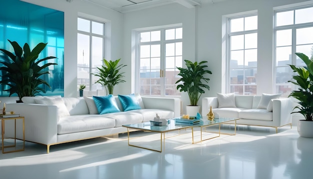 Photo a living room with a white couch and a coffee table with a blue and gold table