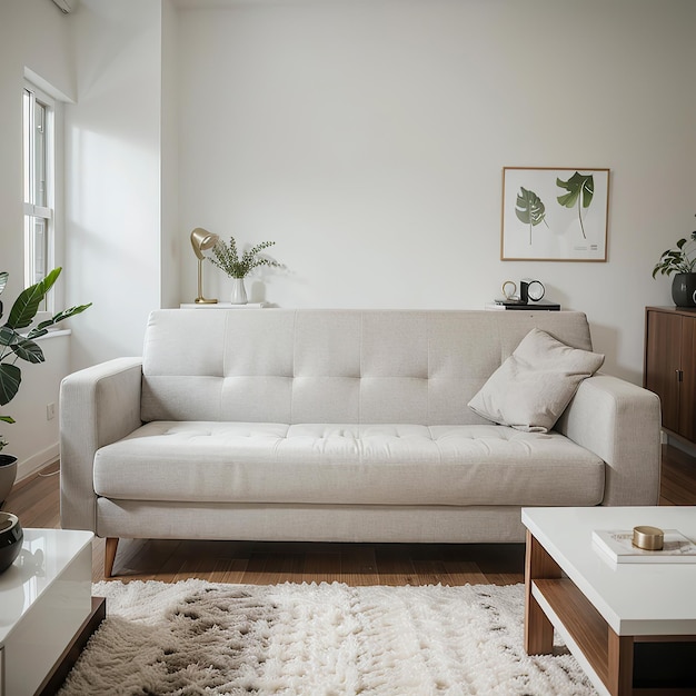 a living room with a white couch and a coffee table