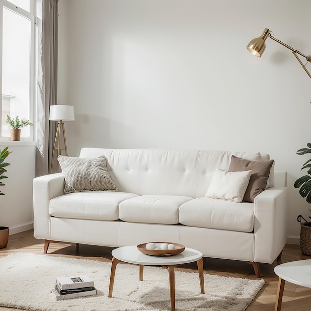 a living room with a white couch and a coffee table