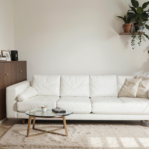 a living room with a white couch and a coffee table