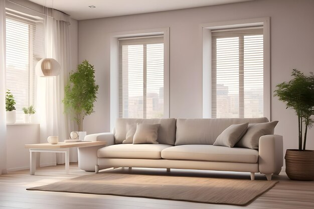 a living room with a white couch and a coffee table