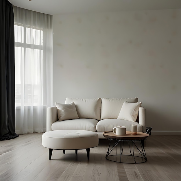 a living room with a white couch and a coffee table