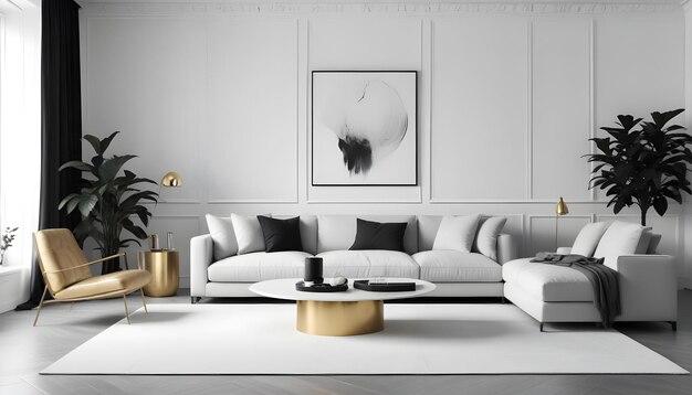 a living room with a white couch and a coffee table