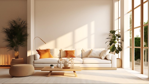 a living room with a white couch and a coffee table