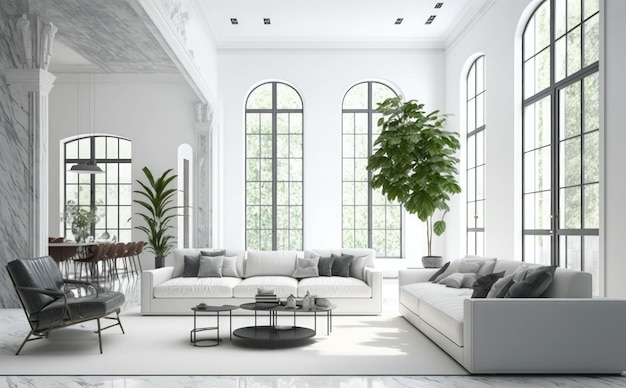 A living room with a white couch and a coffee table.