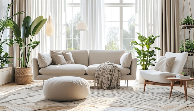 a living room with a white couch and a green plant