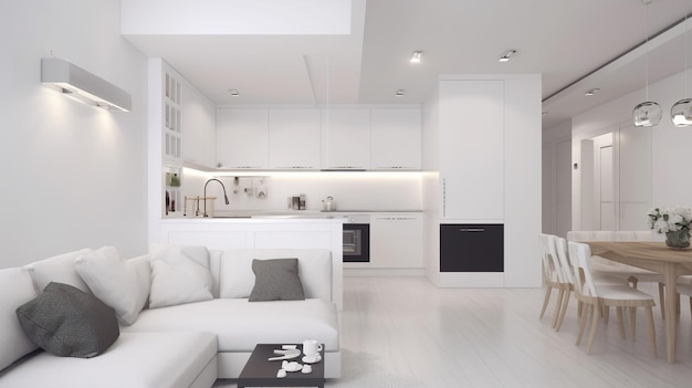 A living room with a white couch and a kitchen island with a black stove.