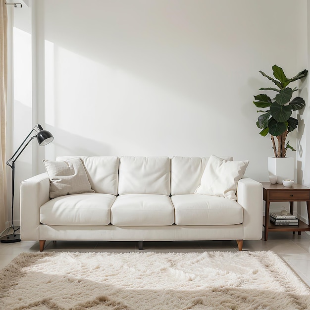 a living room with a white couch and a lamp on a table