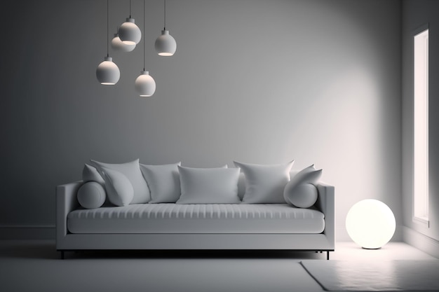 A living room with a white couch and a lamp