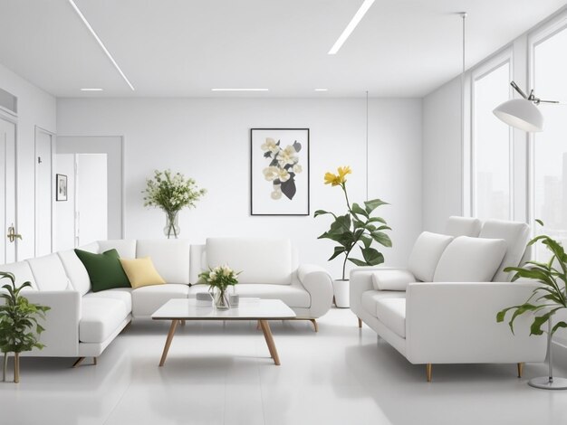 A living room with a white couch and a lamp