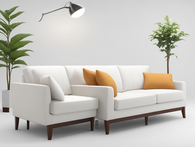 A living room with a white couch and a lamp