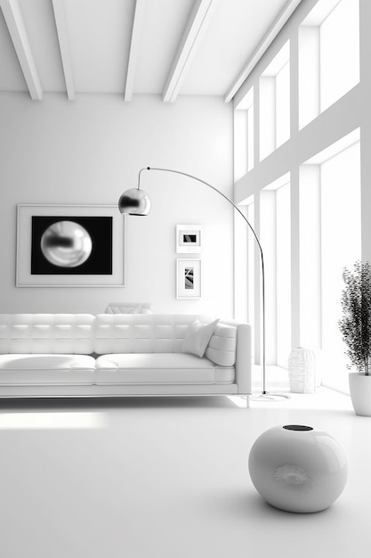 A living room with a white couch and a large lamp.