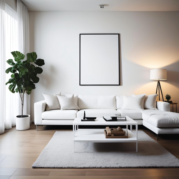 A living room with a white couch and a large picture frame on the wall.