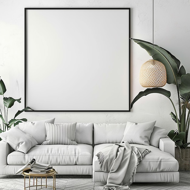 a living room with a white couch and a large picture frame