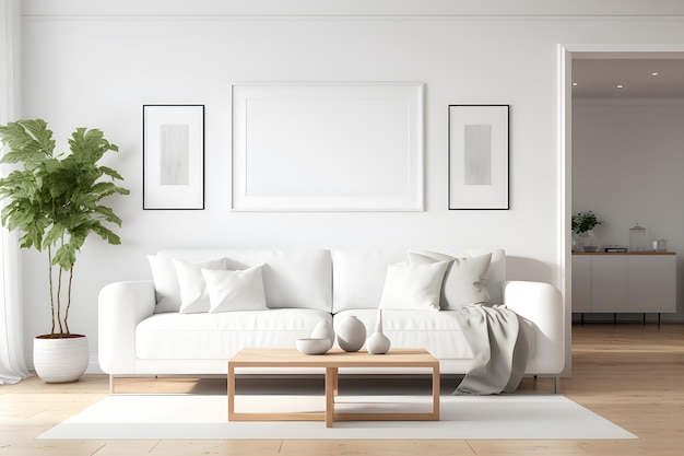 A living room with a white couch and a large picture frame.