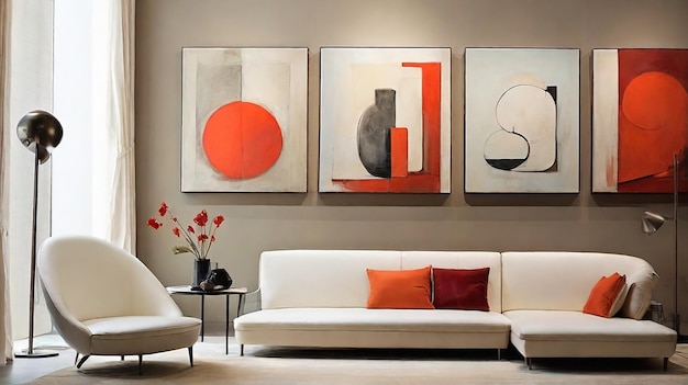 a living room with a white couch and orange pillows