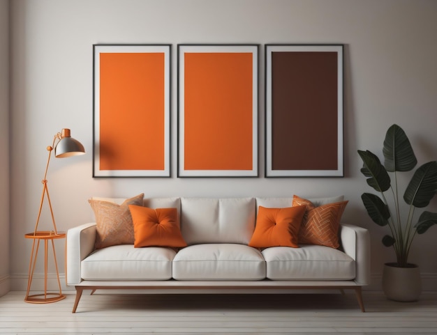 A living room with a white couch and orange pillows.