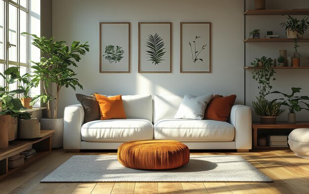 Photo a living room with a white couch and a painting on the wall