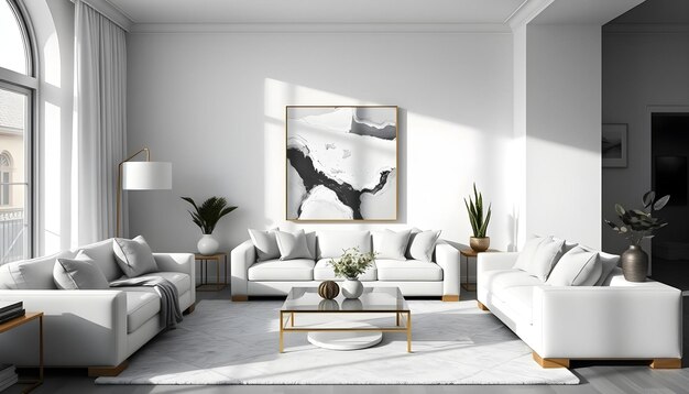 a living room with a white couch and a painting on the wall