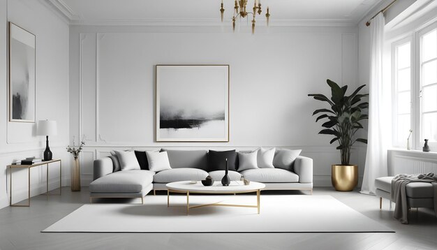 a living room with a white couch and a painting on the wall