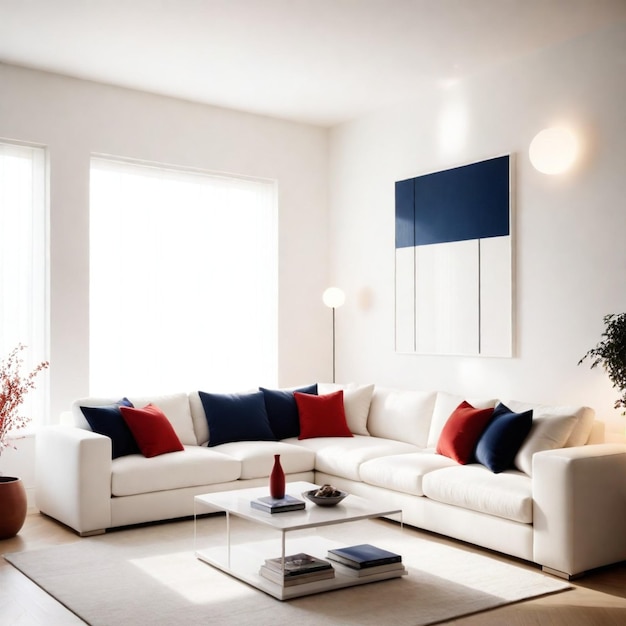 a living room with a white couch and a painting on the wall