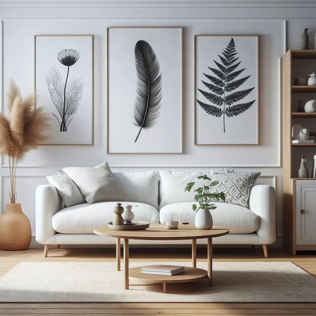 a living room with a white couch and a picture of a feather on the wall