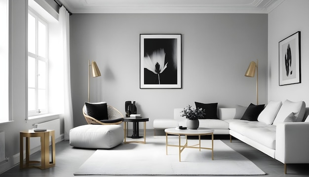 a living room with a white couch and a picture of a flower on the wall