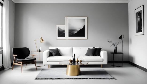 a living room with a white couch and a picture of a mountain