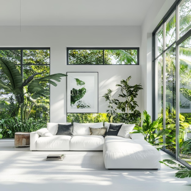 a living room with a white couch and a picture of a palm tree