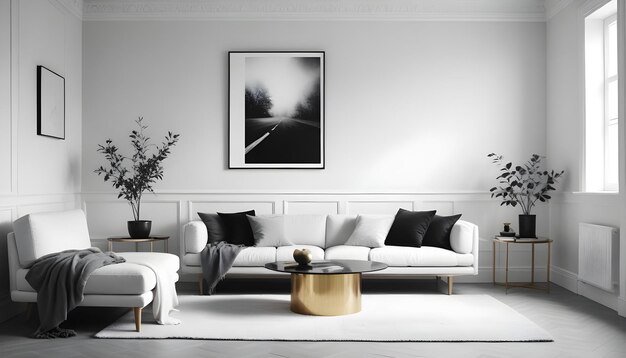 a living room with a white couch and a picture of a tree on the wall