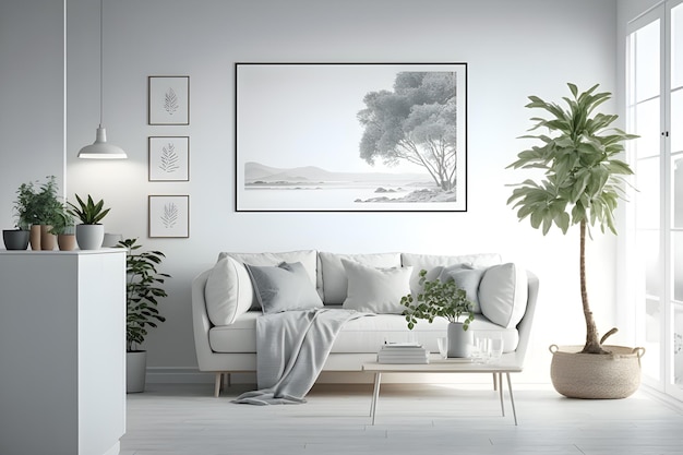 A living room with a white couch and a picture of a tree on the wall.