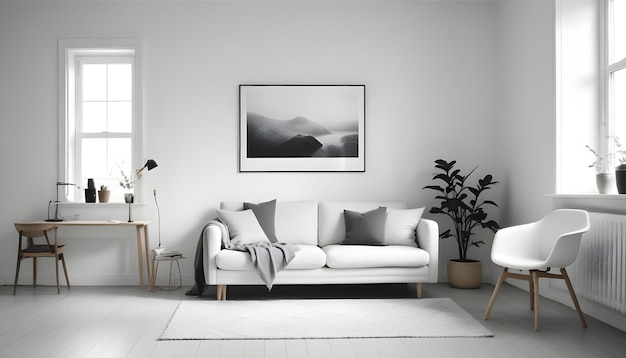 Photo a living room with a white couch and a picture on the wall