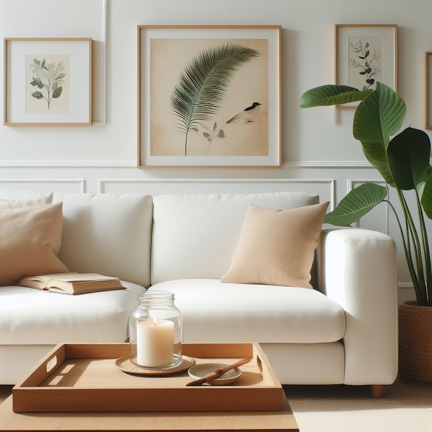 a living room with a white couch and a plant in a pot