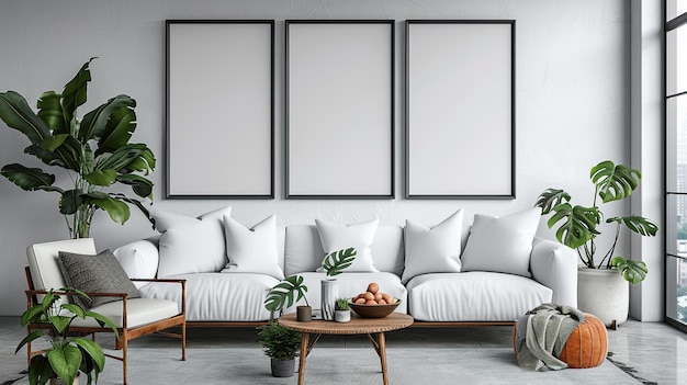 a living room with a white couch and a plant on the table