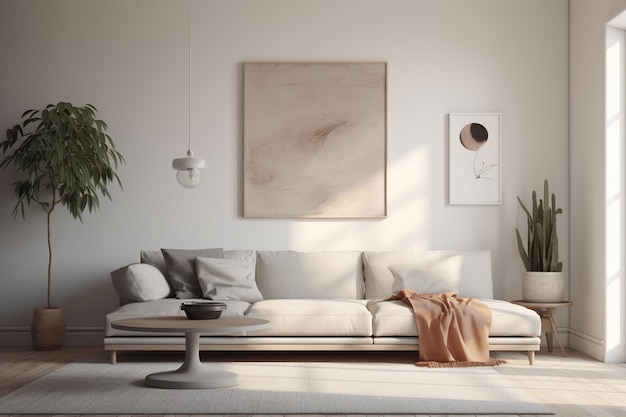 A living room with a white couch and a plant on the wall that says'the word home '