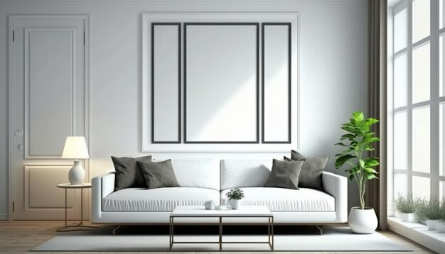 A living room with a white couch and a plant on the wall.