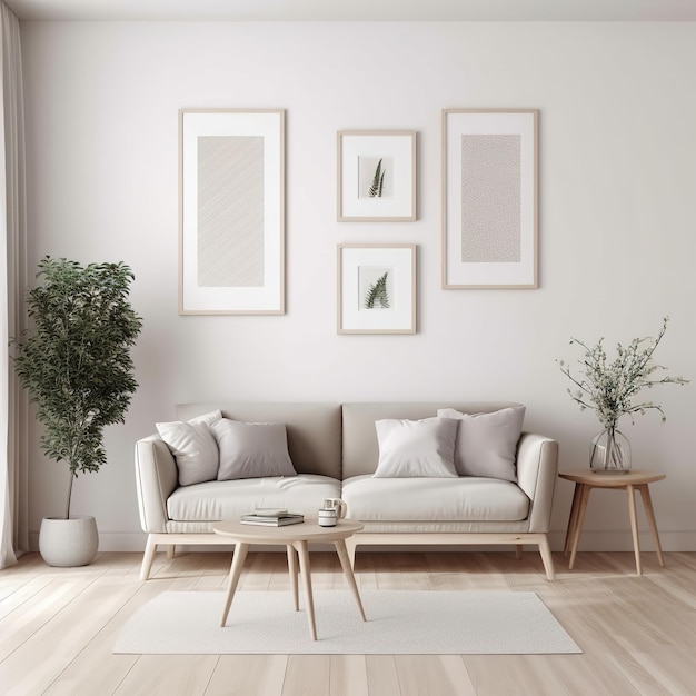 A living room with a white couch and a plant on the wall.