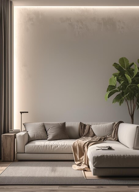 A living room with a white couch and a plant