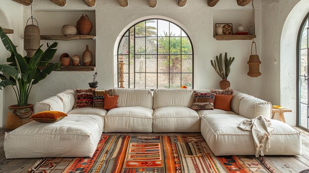 A living room with a white couch and a rug with a red and orange pattern