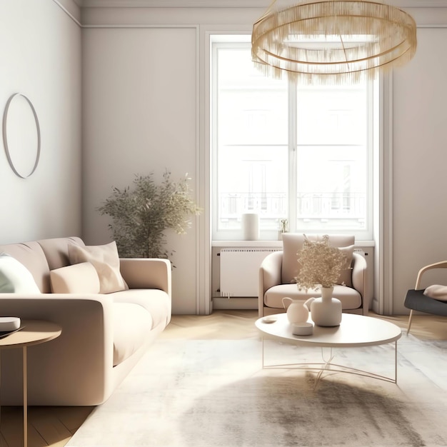 A living room with a white couch and a table with a lamp on it.