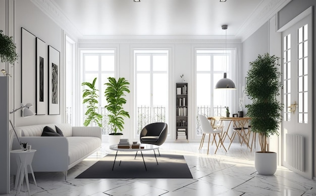 A living room with a white couch and a table with plants on it.