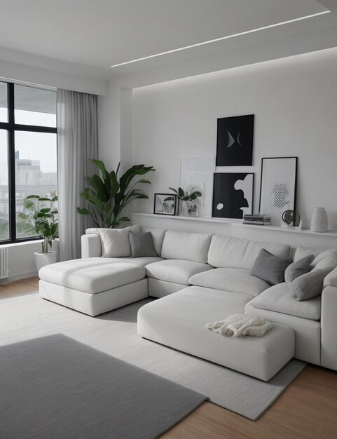 a living room with a white couch and a white coffee table