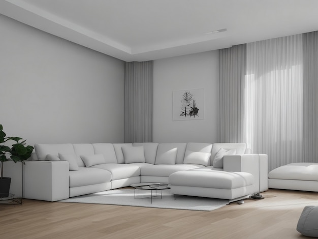 a living room with a white couch and a white coffee table